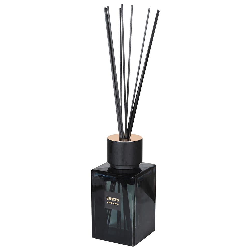 Black diffuser bottle with black sticks on a white background